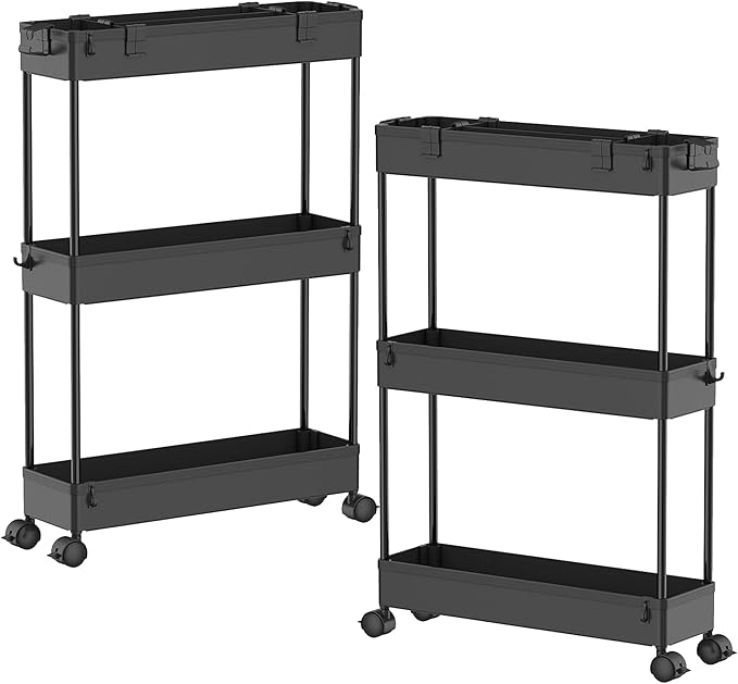 2-piece Set Slim Storage Cart 3 Tier,Bathroom Organizer Rolling Utility,Mobile Shelving Unit Slide Out for Office, Kitchen, Laundry Room & Narrow Places by Home