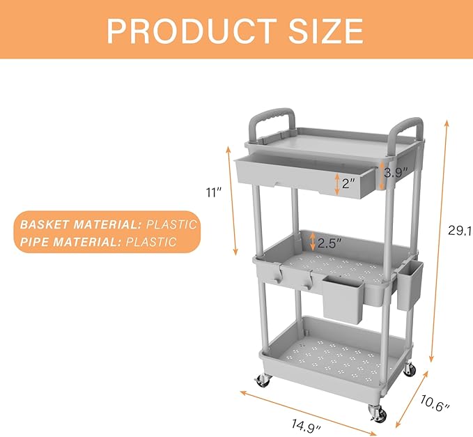 3 Tier Rolling Utility Cart with Drawer,REBECAT Utility Cart Made of Multifunctional Storage Organizer Tool for Kitchen,Bathroom,Living Room,Office(Gray) - Image 5
