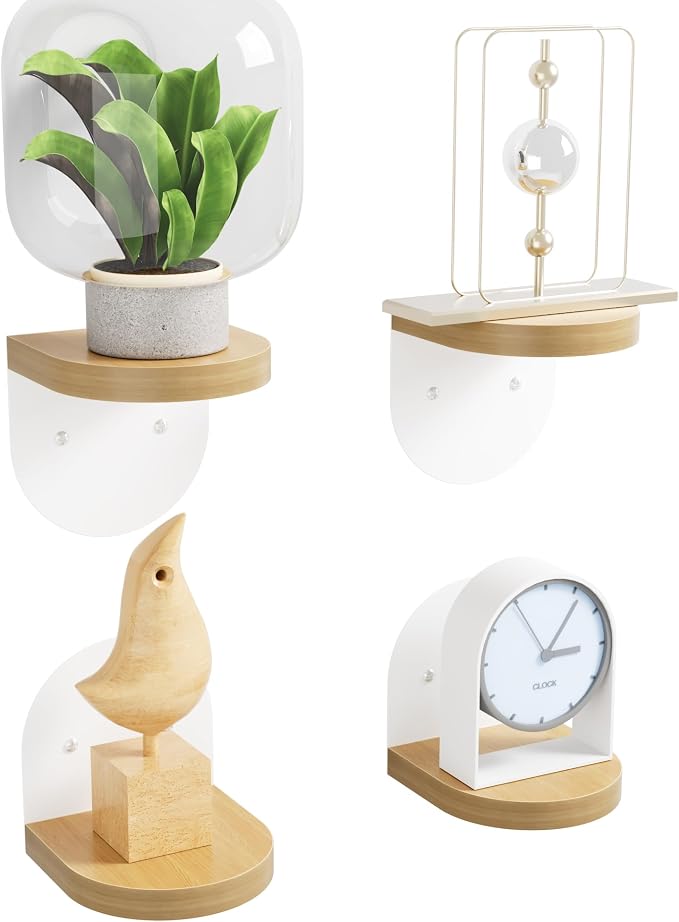 SAYAYO Small Floating Shelves for Wall Storage, 4 x 4 Inch Mini Shelf | Wall Shelves for Bedroom Decor, Display Wood Shelf Organizer with White Base for Living Room, Office, Balcony, 4 PCS by SAYAYO