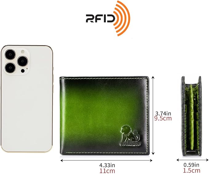 Men's Cowhide Leather RFID Wallet, Slim Bifold (Green) | 2 Clear ID Windows, 10 Card Slots, Zipper Coin Pocket, Gradient Finish for Business, Travel, Daily Carry and Gifts - Image 3