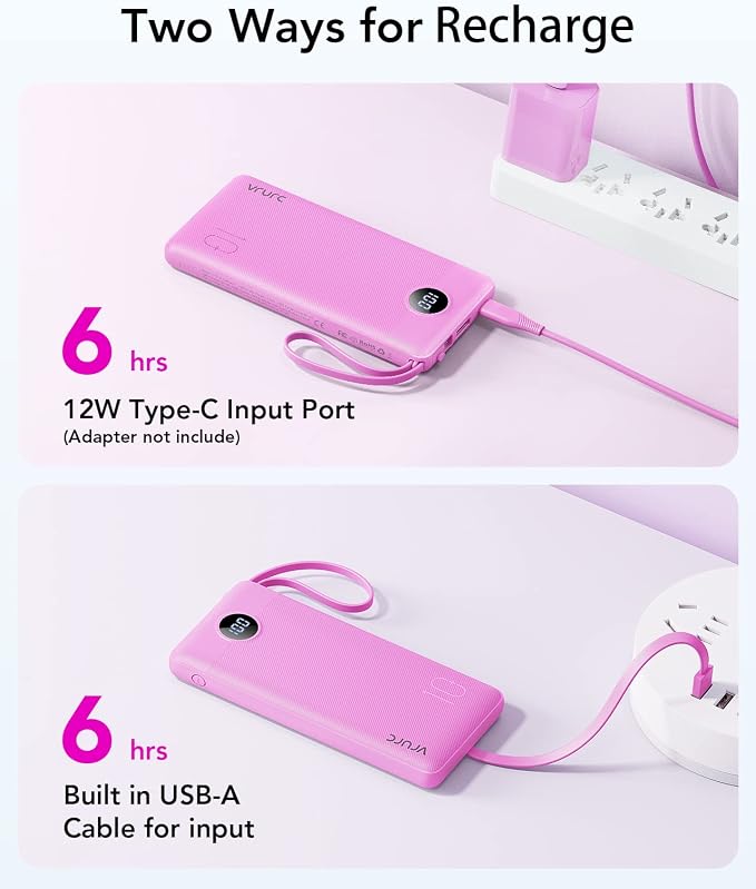 VRURC Portable Charger, Built-in 4 Cables Power Bank 10000mAh, Lightweight USB C Portable Phone Charger, 5 Output 2 Input Compatible with Smart Phones,Samsung,Android etc-Purple(1 Pack) - Image 6