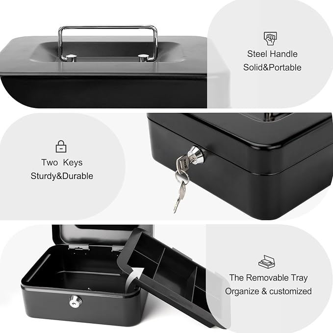 Jssmst Locking Medium Steel Cash Box with Money Tray,Lock Box,Black - Image 4