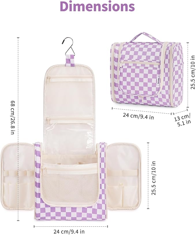 Narwey Checkered Hanging Travel Toiletry Bag for Women, Travel Bag for Toiletries, Makeup Bag Organizer Cosmetic Bags Make Up Bags for Women (Purple Checkerboard) - Image 5