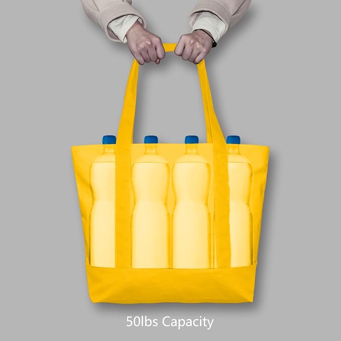 TOPDesign 6-Pack Canvas Tote Bags with an External Pocket, Reusable Grocery Shopping Bags, Top Zipper Closure, Daily Essentials (Yellow) - Image 6