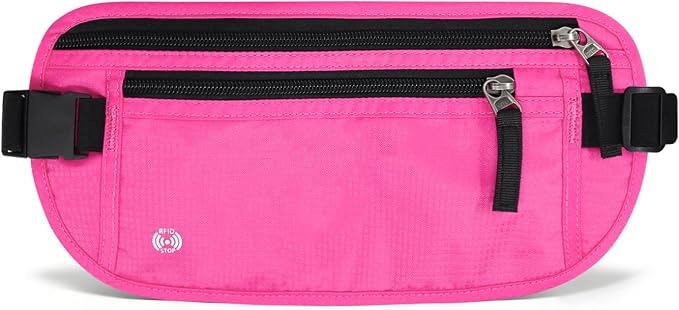 FuninCrea Waterproof Hidden Money Belt for Travel, Anti-Theft Belt Bag with RFID Blocking Function Adjustable Slim Waist Bag with 2 Zipper Pockets & 1 Back Pocket for Travel Running (B, Hot Pink) by FuninCrea