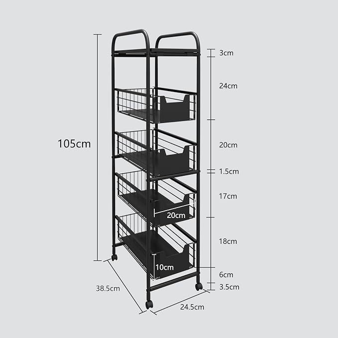 WHIFEA 5 Tier Slim Rolling Cart with Pull-Out Drawers, Multi-Layer Narrow Storage Shelf Organizer on Wheels, Metal Wire Baskets for Fruit, Dishes, Freestanding Unit for Kitchen, Bathroom, Home Office - Image 4
