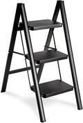 Double Elite Folding 3 Step Ladder, Sturdy 330 Lbs Load Small Step Stool for Adults, Safer Full Steel Multi-use Kitchen Ladder for Home, Closet Step Stool Ladder with Wide Pedals, Black, 3-Step by DoubleElite