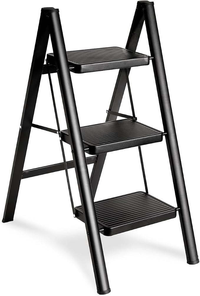 Double Elite Folding 3 Step Ladder, Sturdy 330 Lbs Load Small Step Stool for Adults, Safer Full Steel Multi-use Kitchen Ladder for Home, Closet Step Stool Ladder with Wide Pedals, Black, 3-Step by DoubleElite