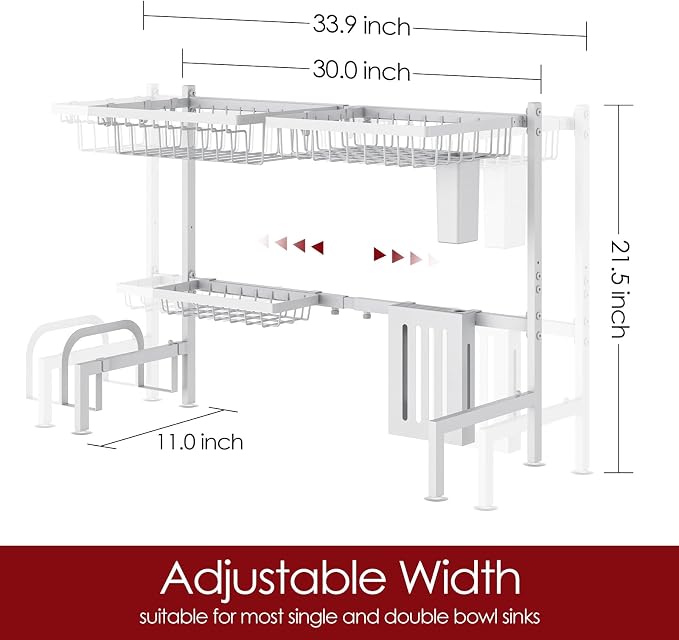 Sakugi Over The Sink Dish Drying Rack - Adjustable 2 Tier Large Capacity Stainless Steel Drainer with Cutlery & Utensil Holders, Kitchen Storage & Organization, 30"-33.9" L x 11" W x 21.5" H, White - Image 3