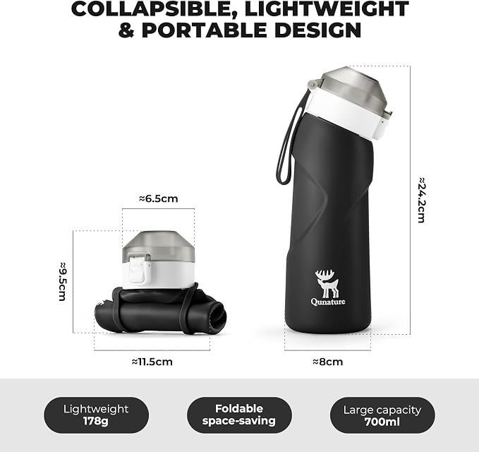 Quanture Collapsible Water Bottle 24oz (700mL), Foldable Silicone Travel Water Bottle, Leakproof & BPA-Free, with Wide Mouth & Carry Strap for Hiking, Camping, Outdoor, Black - Image 2