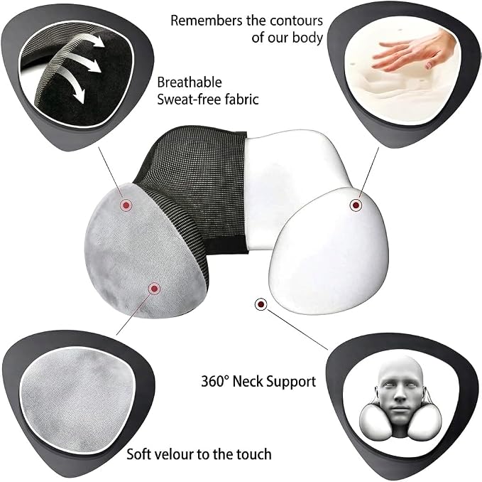 Airplane Travel Neck Pillow, 100% Memory Foam Ergonomic Neck Support, Airplanes Neck Pillow with Washable Cover Travel Essential for Flight & Office include Eye Mask, Earplugs & Carry Bag (Light Gray) - Image 3