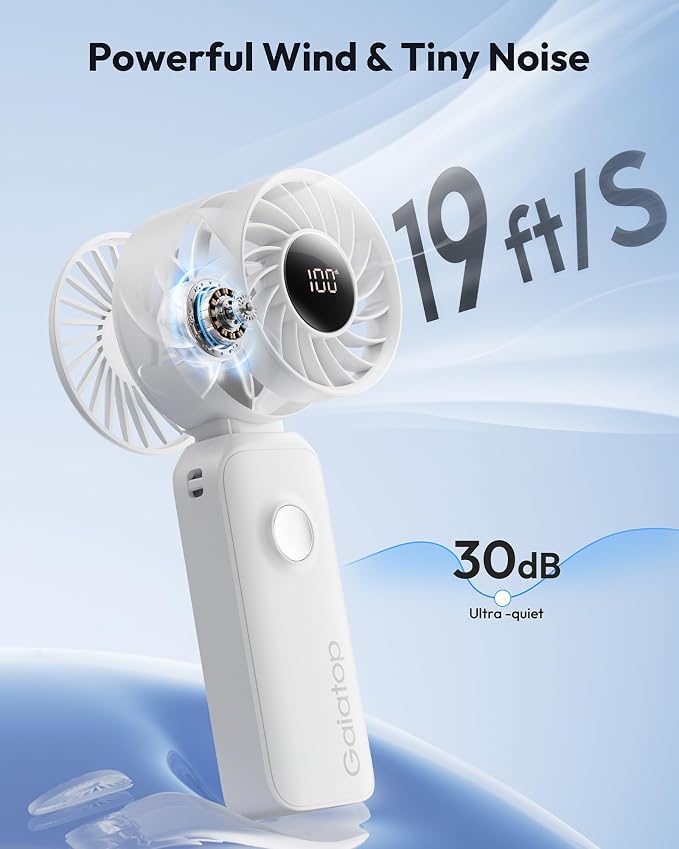 Gaiatop Portable Handheld Fan, Quiet 3 IN 1 Neck/Desk/Hand Fan | Max 18 Working Hours, 5 Speed Rechargeable Battery, Cooling for Travel, Beach, Women/Men Outdoor Activities Gifts White - Image 3