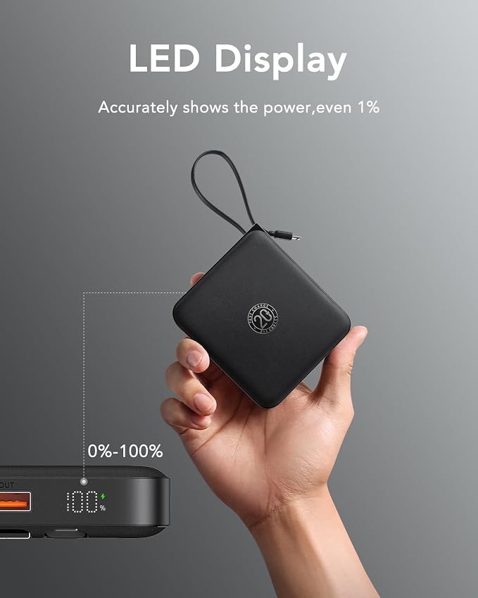 VRURC Portable Charger with Built-in Cables, 10000mAh 22.5W Fast Charging USB C Power Bank with LED Digital Display, Slim Battery Pack for iPhone 17/16/15 & Samsung Galaxy & Android Phones (Black) - Image 4