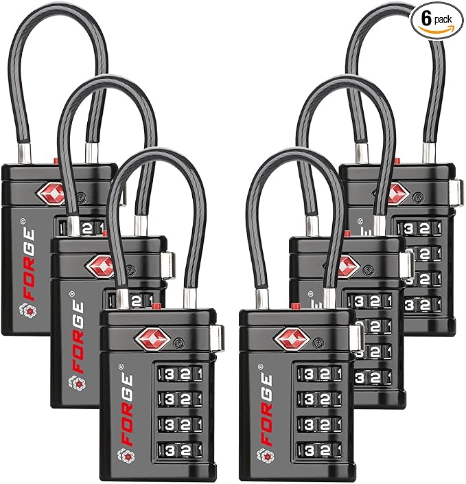 Forge TSA Approved Luggage Locks 4 Digit Combination TSA Travel Locks with TSA008, Open Alert Indicator, Zinc Alloy Body for Luggage, Suitcase, Backpack, and More. Black 6 Locks. by Forge