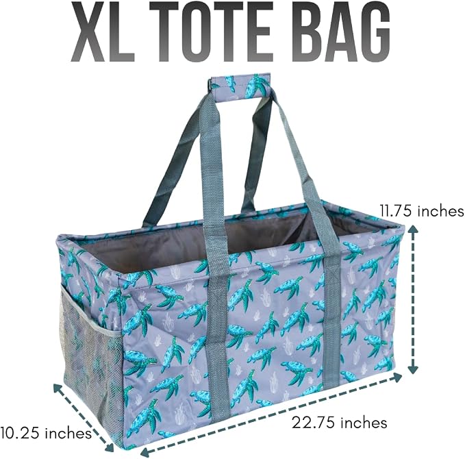 Extra Large Utility Tote Bag - Oversized Collapsible Reusable Wire Frame Rectangular Canvas Basket With Two Exterior Pockets For Beach, Pool, Laundry, Car Trunk, Storage - Turtle - Image 4