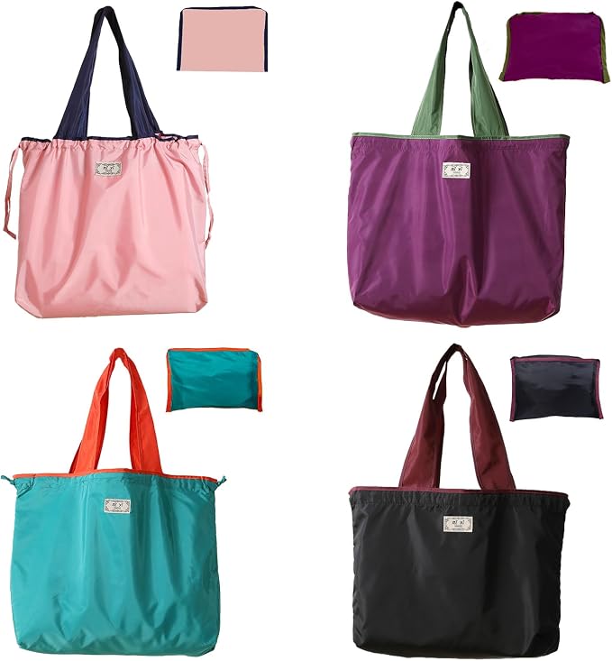 4 PC Foldable Reusable Shopping Bag 210D Nylon Waterproof Travel Grocery Tote with Drawstring Mouth & Reinforced Handle by XKE-X