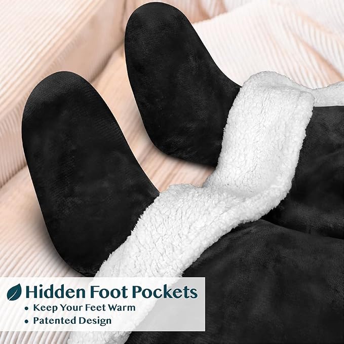 PAVILIA Sherpa Blanket with Sleeves, Foot Pocket for Women Men Adults, Thick Wearable Blanket Throw Wrap, Fleece Warm Snuggle Blanket Robe, Cozy Gift Ideas Wife Mom, Black - Image 2