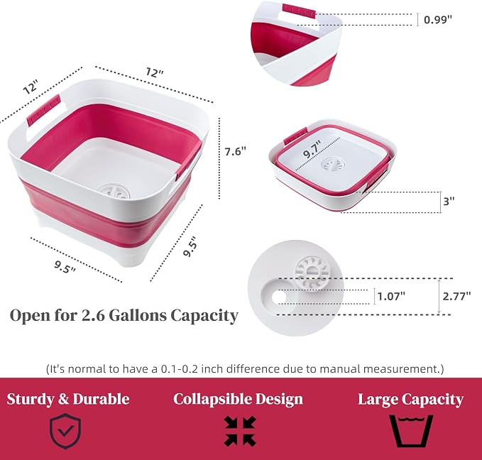 2.6 Gal(10L) Collapsible Camping Sink, Magenta Space-Saving Collapsible Dish Basin with Drain Plug for bottle washing, Collapsible Bucket for RV Essentials and Foot Soaking - Image 2