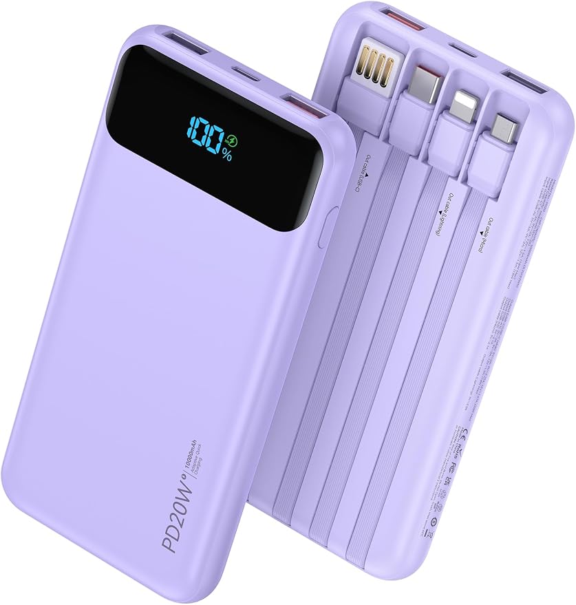Nusyddy Portable Charger 10000mAh 22.5W w/4 Built-in Cables/6 Outputs Purp. | 22.5W Fast Charging, LED Display, Pass Through Charging, Charge 6 Devices at once, TSA Approved, Fits iPhone, iPad, Samsung by NUSYDDY