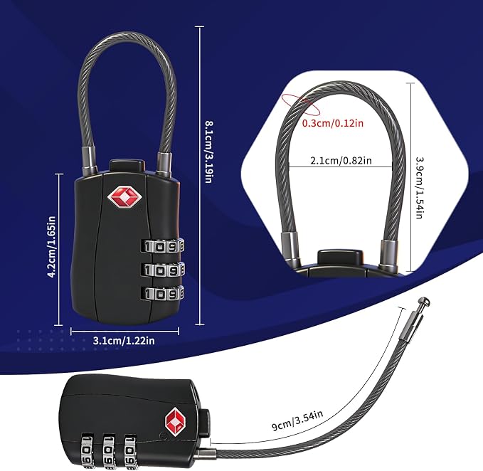 BLOSSOM TSA Approved Luggage Lock with Flexible Steel Cable 3-Dial Combination Padlock for Suitcases, Backpacks & Bags Keyless Travel Lock with Cut-Resistant Cable & Zinc Alloy Body (4 Pack) (4) - Image 2