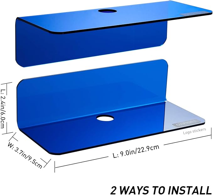 OAPRIRE Small Floating Wall Shelves Set of 2 - Personalize&Easily Expand Wall Space - 9 Inch Acrylic Wall Shelf for Bedroom, Gaming Room, Living Room, Bathroom, Office, with Cable Clips - Clear Blue | Strong Tape Adhesive Wall Shelf, Easy Installation,... - Image 3
