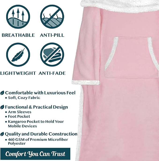 PAVILIA Sherpa Blanket with Sleeves, Foot Pocket for Women Men Adults, Thick Wearable Blanket Throw Wrap, Fleece Warm Snuggle Blanket Robe, Cozy Gift Ideas Wife Mom, Pink - Image 4
