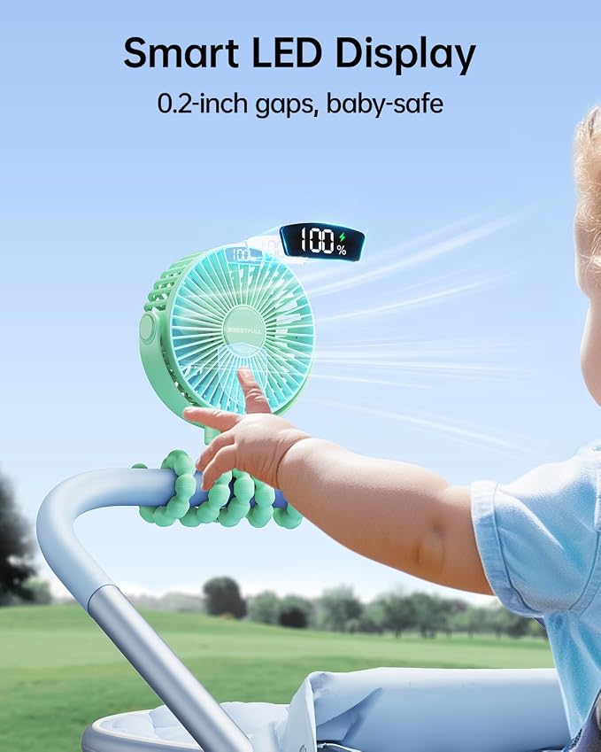SWEETFULL Portable Stroller Fan with LED Display, 4 Speed Rechargeable Mini Clip On Fan, 360° Rotate Flexible Tripod Better Cooling Small Baby Fan for Car Seat Crib Travel Bike Treadmill (Green) - Image 2