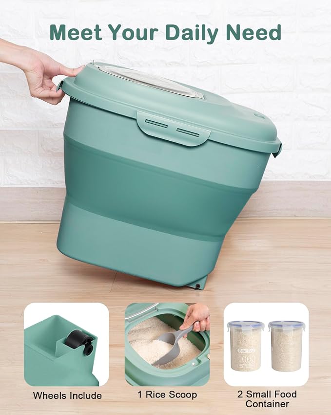 20-50 Lbs Food Storage Containers,Collapsible Rice Container with Wheel Airtight Locking Lid,Flour Storage Container with Small Food Jar and Scoop,Suitable for Food,Rice,Pet Food,Flour - Image 4
