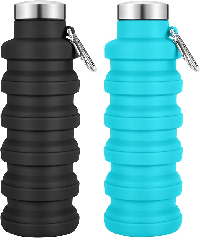 Collapsible Water Bottles 17oz, Portable Leak-Proof Travel Water Bottle, Reusable BPA Free Silicone Foldable Water Bottle with Carabiner for Gym, Traveling, Camping, Hiking, Sports(Black+Blue) by Sitanflex