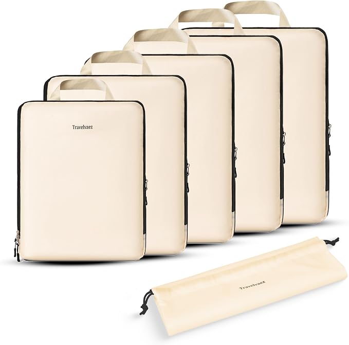 6 Set Compression Packing Cubes for Travel. | Durable Clothes Organizer for Suitcases. Expandable and Lightweight Packing Cubes Compression with Laundry bag, Beige by Unknown