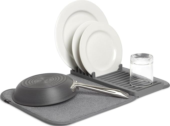 Umbra Udry Dish Drying Rack, Folding Dish Drainer Mat, Mini, Dark Grey | Absorbent microfiber base, removable tray, dishwasher safe, compact storage, BPA-free plastic by Umbra