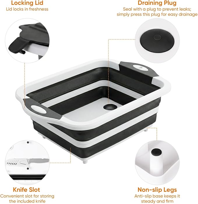 Collapsible BBQ Prep Tub with Lid, Foldable Camping Sink with Colander, Cutting Board, Dish Basin for Kitchen, Bowl, Vegetable and Fruit, Storage Basket for Picnic-Black - Image 3