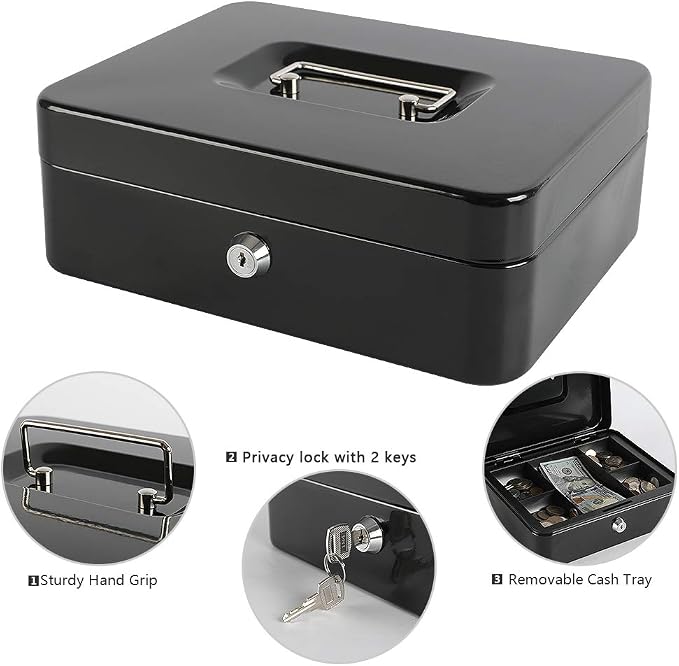 xydled Large Cash Box with Lock, Removable Coin Tray, Steel Money Box, Black - Image 8
