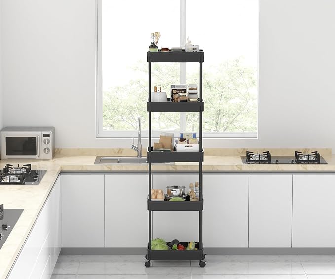 Sooyee 5-Tier Plastic Rolling Utility Cart with Wheels, Multi-Functional Storage Trolley for Office, Living Room, Kitchen, Movable Storage Organizer, Black - Image 8