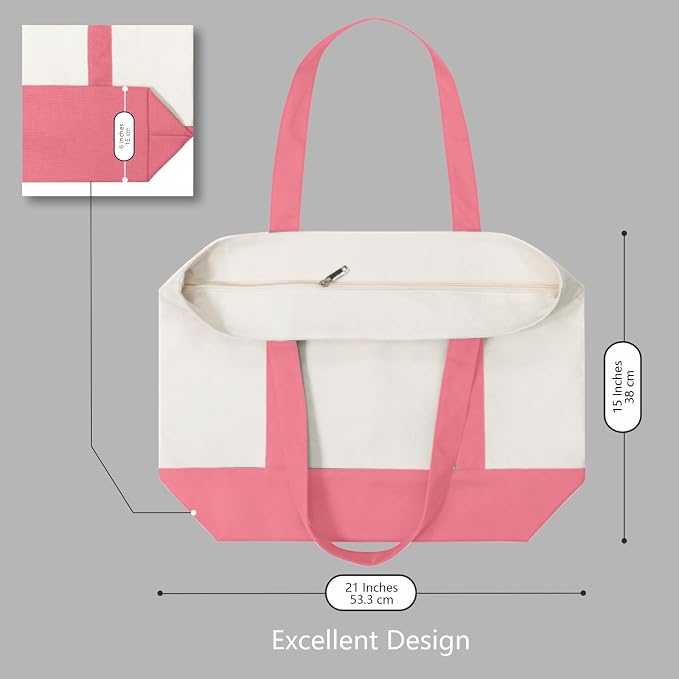 TOPDesign 6-Pack Canvas Tote Bags with an External Pocket, Reusable Grocery Shopping Bags, Top Zipper Closure, Daily Essentials (Rose Pink/Natural) - Image 5