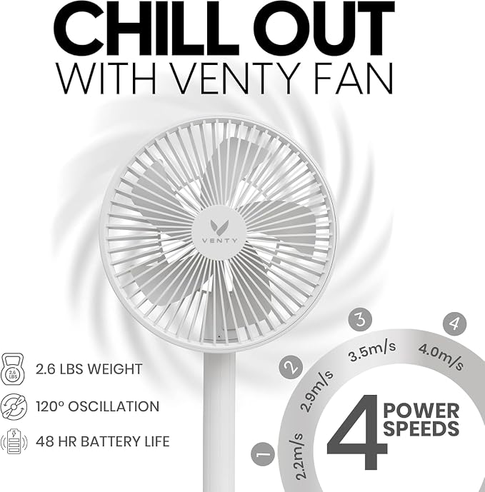VENTY Portable Fan - Wireless Battery Operated Fan - 4 Speeds - LED Lighting - Carry Case & Remote Control - Cruise Travel - Outdoor Travel RV Power Bank With USB-C Port (White with Case) - Image 3