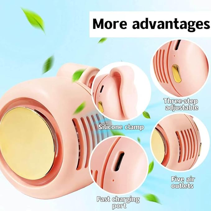 Portable Silent Clip-On Bladeless Personal Fan, Wearable Waist & Neck Fan, 360° Rotation, 3 Speeds, USB-C Rechargeable, Compact & Lightweight, Hands-Free Cooling for Travel, Office & Outdoor (Pink) - Image 2