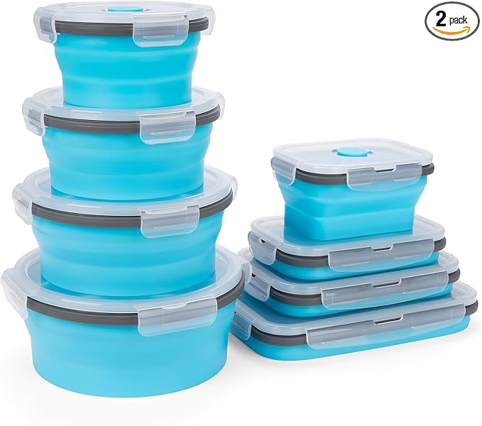 Collapsible Silicone Food Storage Containers Set with Lid & Air Vent, Foldable Lunch Containers, 8 Pack (4 Rectangular + 4 Round Bowls), BPA-Free, Space-Saving by SiliseaDirect