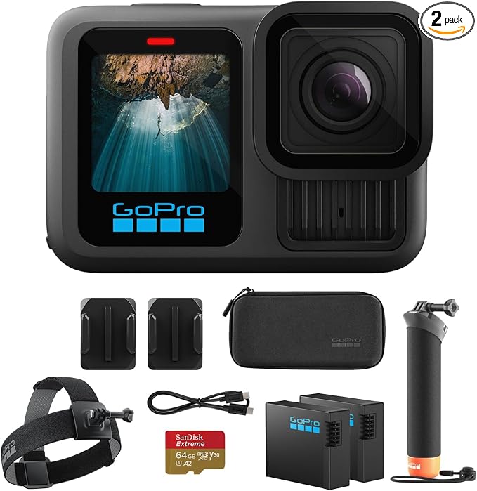 GoPro HERO13 Waterproof Action Camera (Black), 5.3K60 27MP, 2 Battery, Kit | GoPro bundle Includes Handler floating handgrip, 2 Enduro 1900mAh batteries, 64GB Extreme microSDXC card, Head Strap 2.0 Kit by Unknown