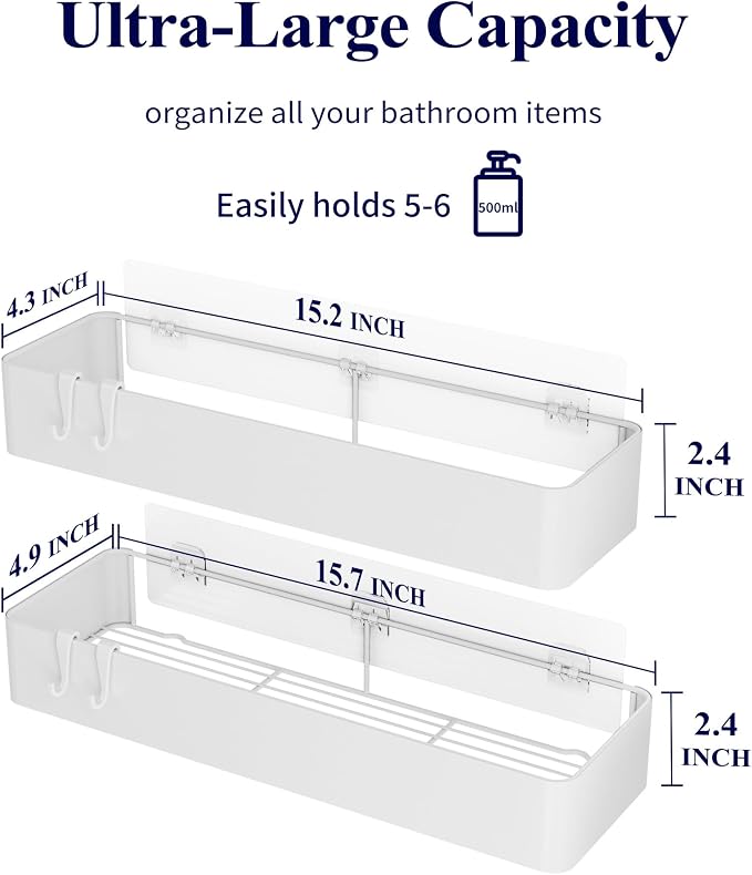 Kitsure Shower Caddy Adhesive, Stylish Shower Organizer, XX-Large, White | 2 Pack Shower Shelf for Inside Shower, 100% Rustproof Metal Shelves, No-Drill Bathroom Organizers and Storage - Image 2