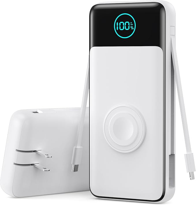 Portable Charger for iPhone with Built-in Cables and AC Wall Plug,26800mah Fast Charging USB C Power Bank,25W PD Travel Essential Battery Pack for iPhone 17/16/15/14/13,Galaxy,Apple Watch (White) by FOCHEW