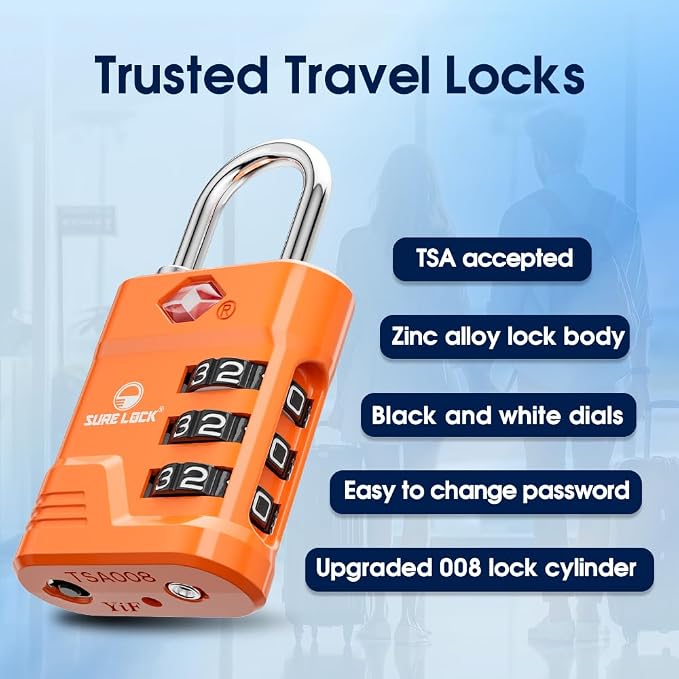 SURE LOCK TSA Approved Luggage Lock – 3-Digit Resettable Combination Padlock with Open Alert Red Dot, Large Easy-Read Dials for Suitcases, Backpacks, Gym & School Lockers (Orange 2 pk) - Image 4