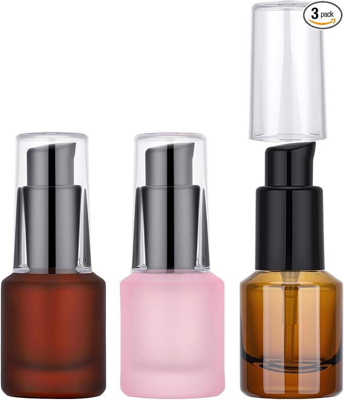 Segbeauty 0.5oz Frosted Glass Empty Lotion Bottles with Pump, 3pcs Travel Refillable Oils Bottles for Toiletry, 15ml Mini Travel Size Cream Container, Leakproof Liquids Serum Dispensers in Mixed Color by Segbeauty