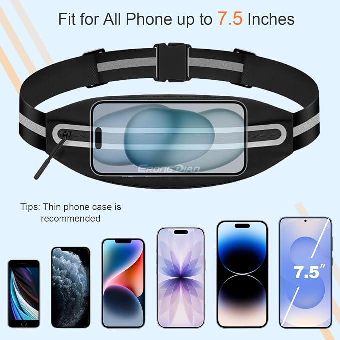 Slim Running Belt, Water Resistant Fanny Pack for Men Women Black | Ultra-Light, Widened Elastic Adjustable, No Bounce, Reflective Strip, Small Waist Pack Cell Phone Holder, Fit for All Phones - Image 5