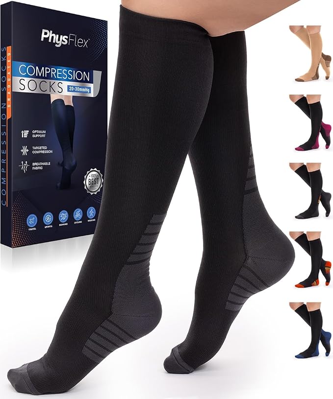 Compression Socks for Women & Men 20-30 mmHg – Circulation Support for Nurses, Travel, Flight, Running & Everyday Wear by PhysFlex