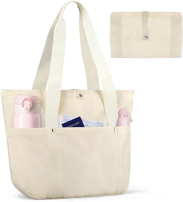 Foldable Tote Bag with Zipper for Women, 18L Nylon Lightweight Shoulder Handbag for Travel, Waterproof Beach Bag by Outplea