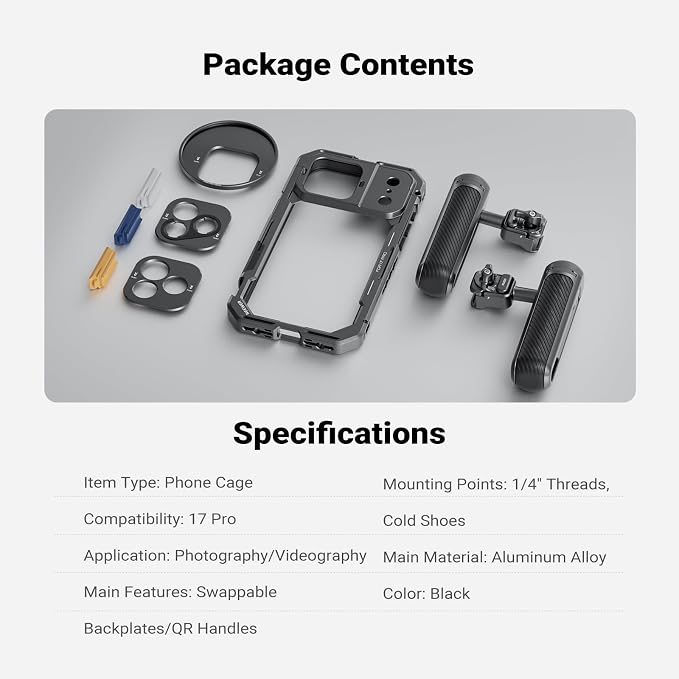 NEEWER Phone Cage Kit Compatible with iPhone 17 Pro Only, Video Rig Stabilizer Accessories with 67mm Filter Ring, 17mm Lens Backplate, T Mount Adapter, Two Quick Release Handles, PA143 (Black) - Image 9