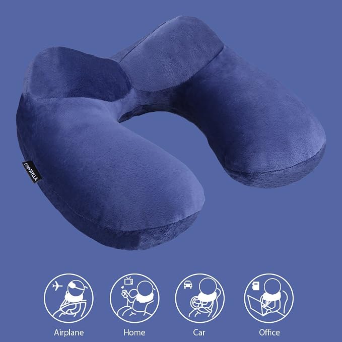 Inflatable Travel Pillow for Airplane, Soft Velvet Inflatable Travel Neck Pillow for Airplanes, Train, Car, Home and Office with Packsack & Comfortable Velvet - Blue - Image 4