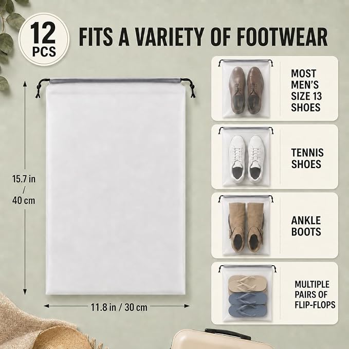 Shoe Bags for Travel, 12 Pack Clear Drawstring Organizers, Waterproof PE Plastic Pouches for Packing Shoes, Toiletries, Cosmetics, Gym Clothes, Wet Swimsuits - Image 2