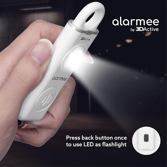 3DActive Alarmee Personal Safety Alarm for Women Kids Teens & Seniors 130dB Loud Emergency Alarm Rechargeable Self Defense Device with LED Light Portable Keychain for Travel & Night Safety - White - Image 3